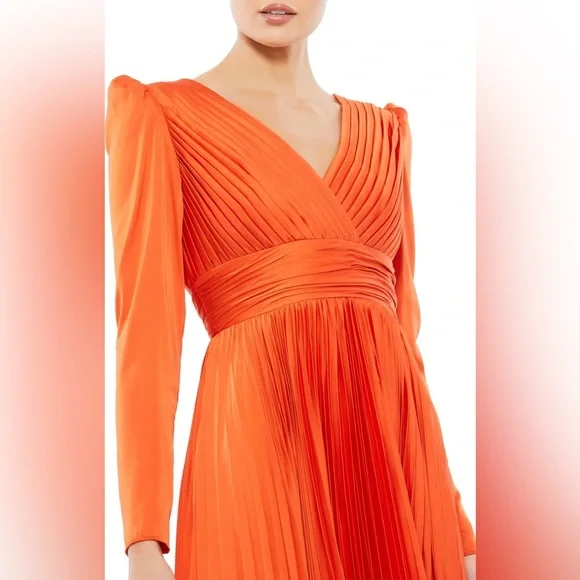 🆕Ieena Mac Duggal NWOT Long Sleeve Pleated Chiffon A-Line Gown in Sunset(MD-25) - Picture 3 of 12
